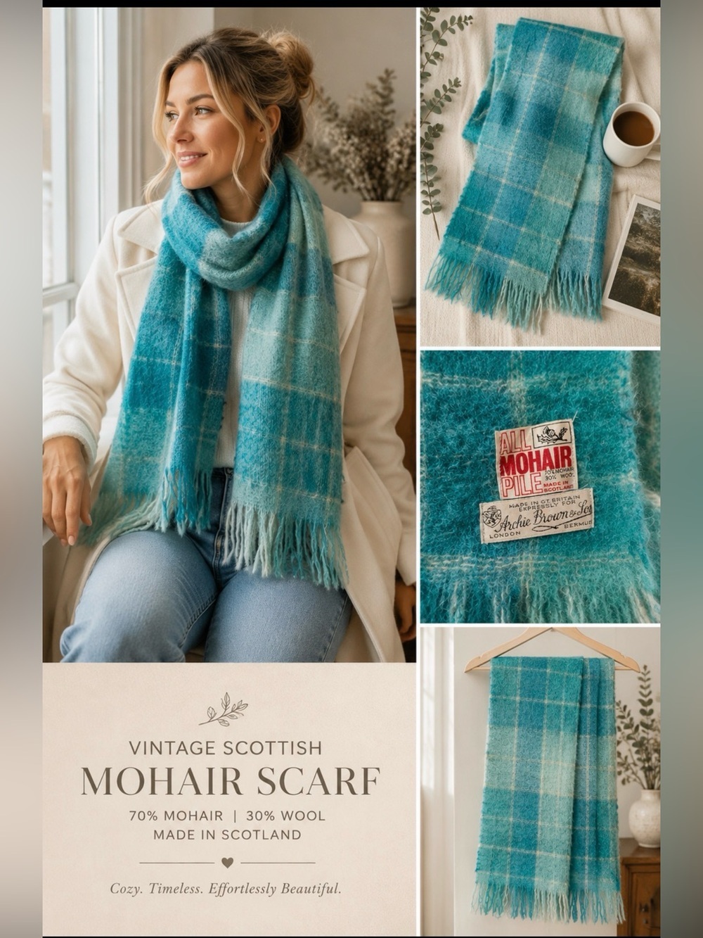 Vintage Made in Scotland 70% Mohair 30% Wool Plaid Fringe Scarf Turquoise Teal - Picture 3 of 6